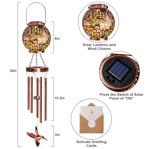 YHmall Wind Chimes for Outside 38" Hummingbird Solar Wind Chimes Outdoor Gifts for Mom Hanging Solar Lantern, Garden Decor for Patio Yard, Christmas Windchimes Outdoors Gifts for Women Grandma - Image 3