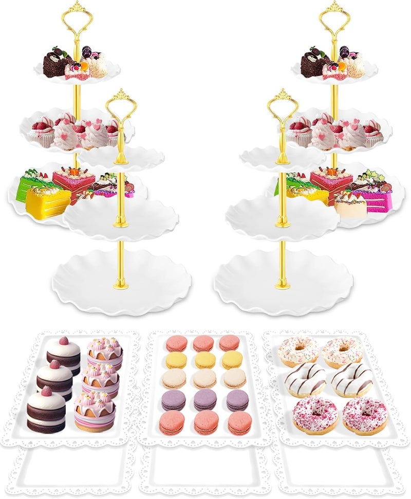 Hoedia 10 Pcs Cake Stand, Plastic Dessert Table Display Set, 4 Pcs 3 Tier Cupcake Stand Tower Holder and 6 Pcs Serving Tray for Tea Party Baby Shower Decorations, Round Wave - Image 1