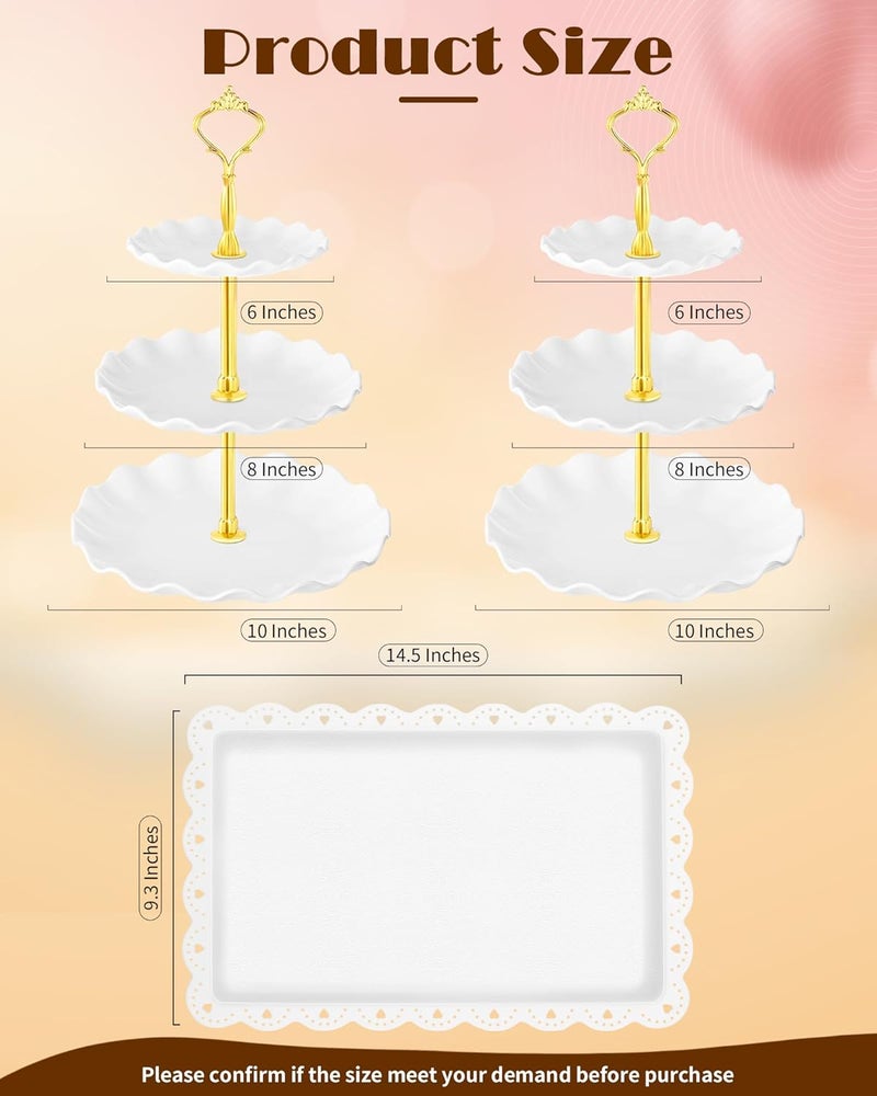Hoedia 10 Pcs Cake Stand, Plastic Dessert Table Display Set, 4 Pcs 3 Tier Cupcake Stand Tower Holder and 6 Pcs Serving Tray for Tea Party Baby Shower Decorations, Round Wave - Image 2
