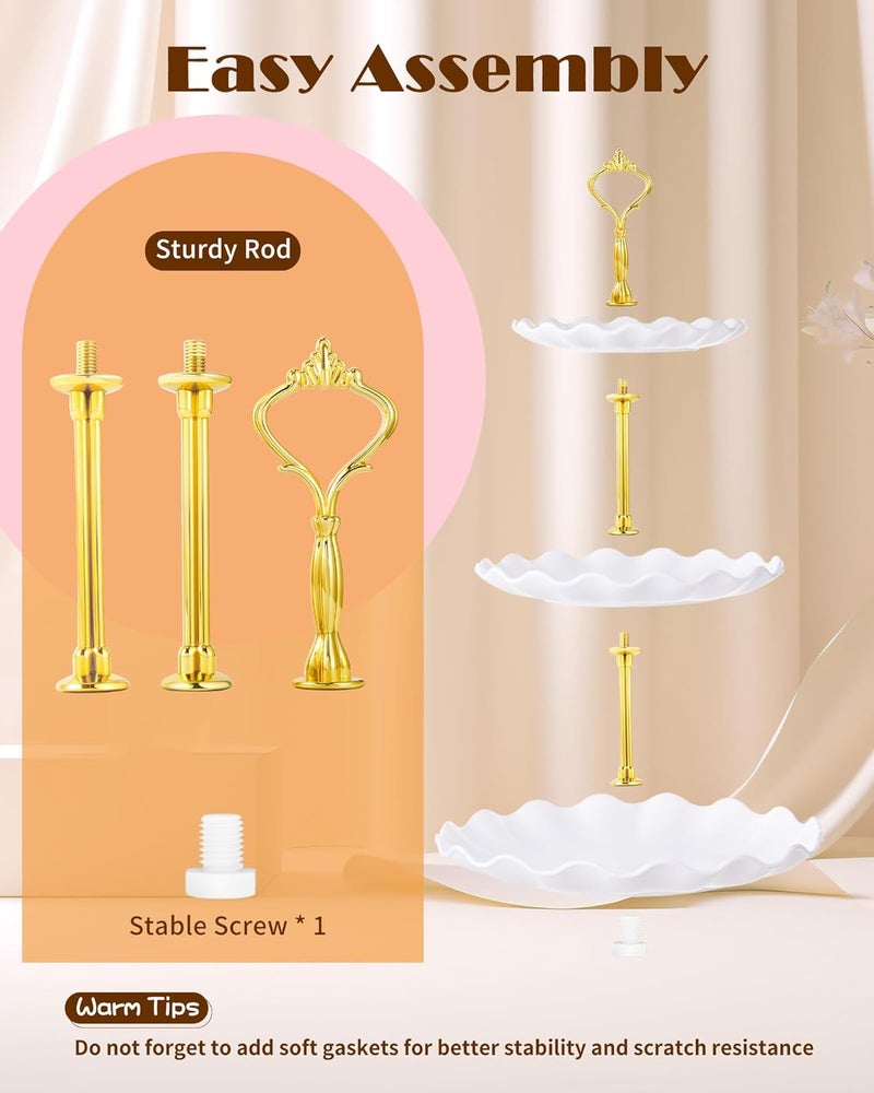 Hoedia 10 Pcs Cake Stand, Plastic Dessert Table Display Set, 4 Pcs 3 Tier Cupcake Stand Tower Holder and 6 Pcs Serving Tray for Tea Party Baby Shower Decorations, Round Wave - Image 3
