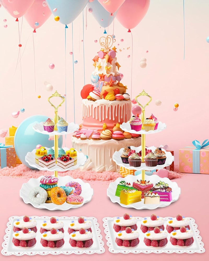 Hoedia 10 Pcs Cake Stand, Plastic Dessert Table Display Set, 4 Pcs 3 Tier Cupcake Stand Tower Holder and 6 Pcs Serving Tray for Tea Party Baby Shower Decorations, Round Wave - Image 5