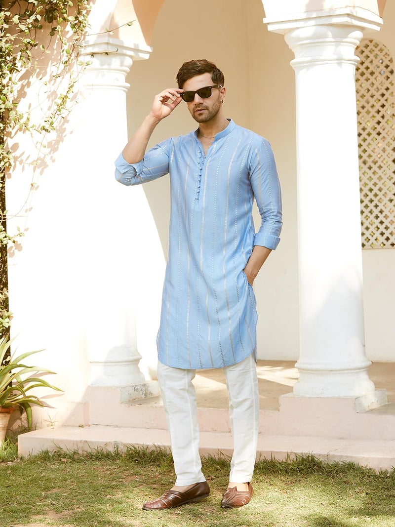 See Designs Men Full Sleeve Turquoise Blue Chanderi Silk Sequins Mandarin Collar Side Slit Kurta - SDMKT1444L - Image 4