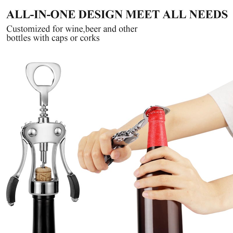 KORCCI Wine Opener, Wine Bottle Opener, Zinc Alloy Wing Corkscrew Heavy Duty, Cork Screw Beer Opener for Bartenders, Multifunctional Bottle Opener for Kitchen, Restaurant, Bar, Waiters (1, Silver) - Image 4