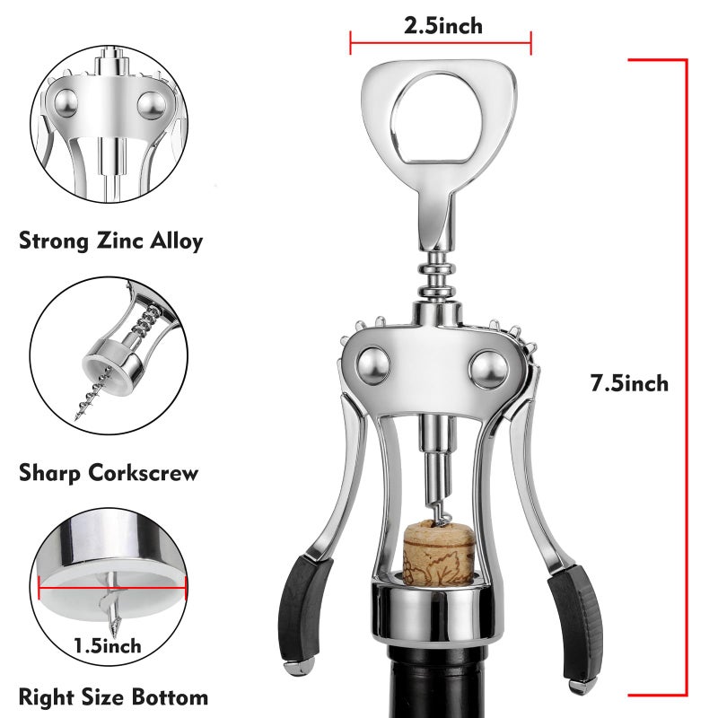 KORCCI Wine Opener, Wine Bottle Opener, Zinc Alloy Wing Corkscrew Heavy Duty, Cork Screw Beer Opener for Bartenders, Multifunctional Bottle Opener for Kitchen, Restaurant, Bar, Waiters (1, Silver) - Image 2