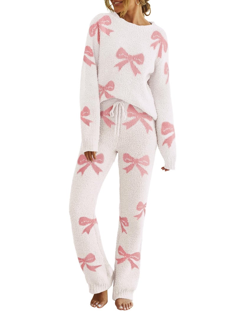MEROKEETY Womens Pajama Sets 2026 Fall Lounge Sweater Set Cute Fuzzy Fleece 2 Piece Long Sleeve Cozy Winter Pj Outfits, BowBeige, Large - Image 1
