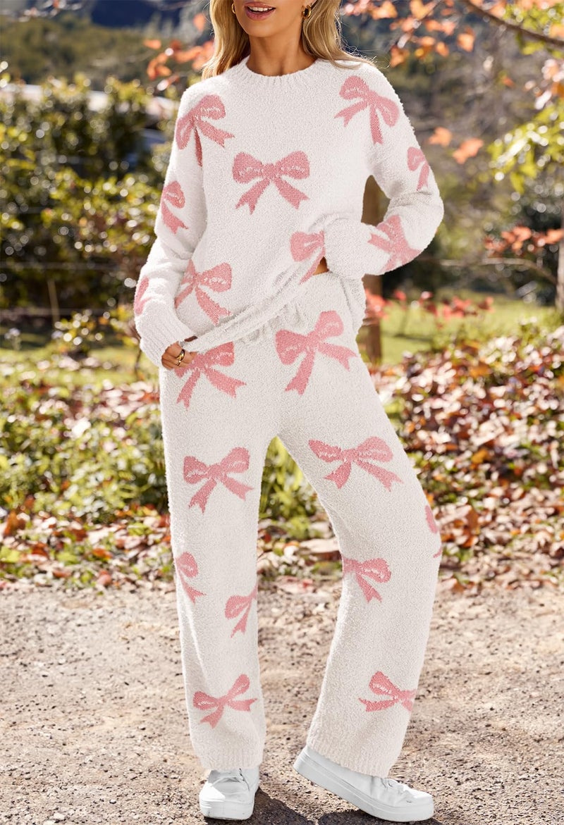 MEROKEETY Womens Pajama Sets 2026 Fall Lounge Sweater Set Cute Fuzzy Fleece 2 Piece Long Sleeve Cozy Winter Pj Outfits, BowBeige, Large - Image 2