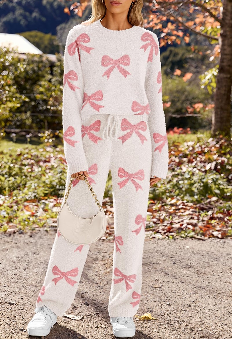 MEROKEETY Womens Pajama Sets 2026 Fall Lounge Sweater Set Cute Fuzzy Fleece 2 Piece Long Sleeve Cozy Winter Pj Outfits, BowBeige, Large - Image 3