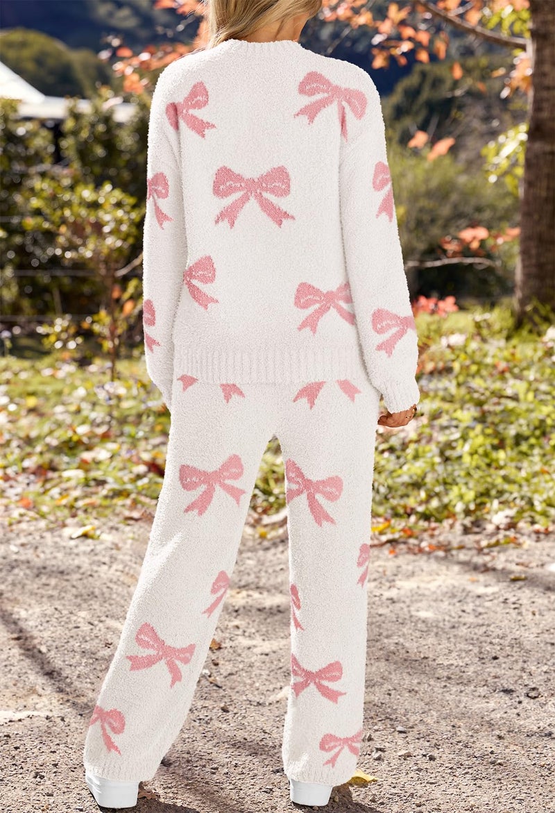 MEROKEETY Womens Pajama Sets 2026 Fall Lounge Sweater Set Cute Fuzzy Fleece 2 Piece Long Sleeve Cozy Winter Pj Outfits, BowBeige, Large - Image 4