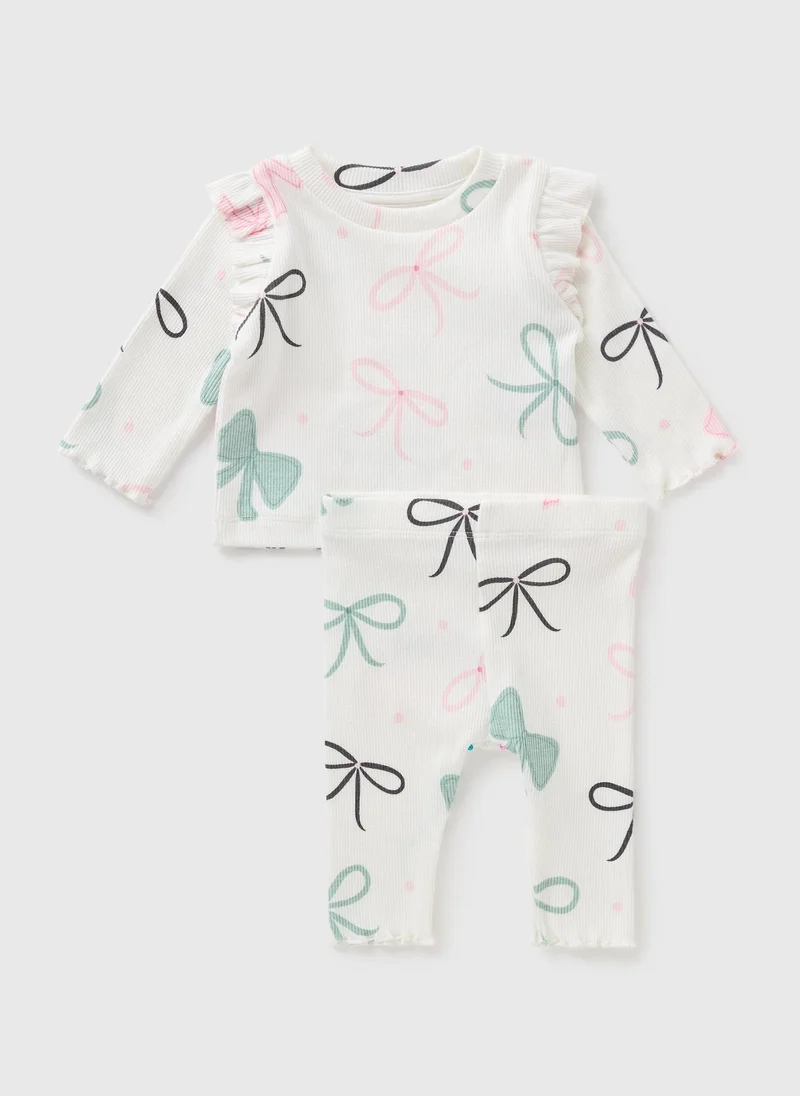 ماتلان Baby Cream Bow Ribbed Top & Legging Set