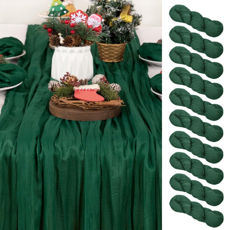 DeZerlor 10 Pack Christmas Table Runner Emerald Green Cheesecloth Table Runner Boho Gauze Table Runner 120 inches Long Winter Table Decor for Wedding Baby Shower Xmas Party Decorations - Image 1