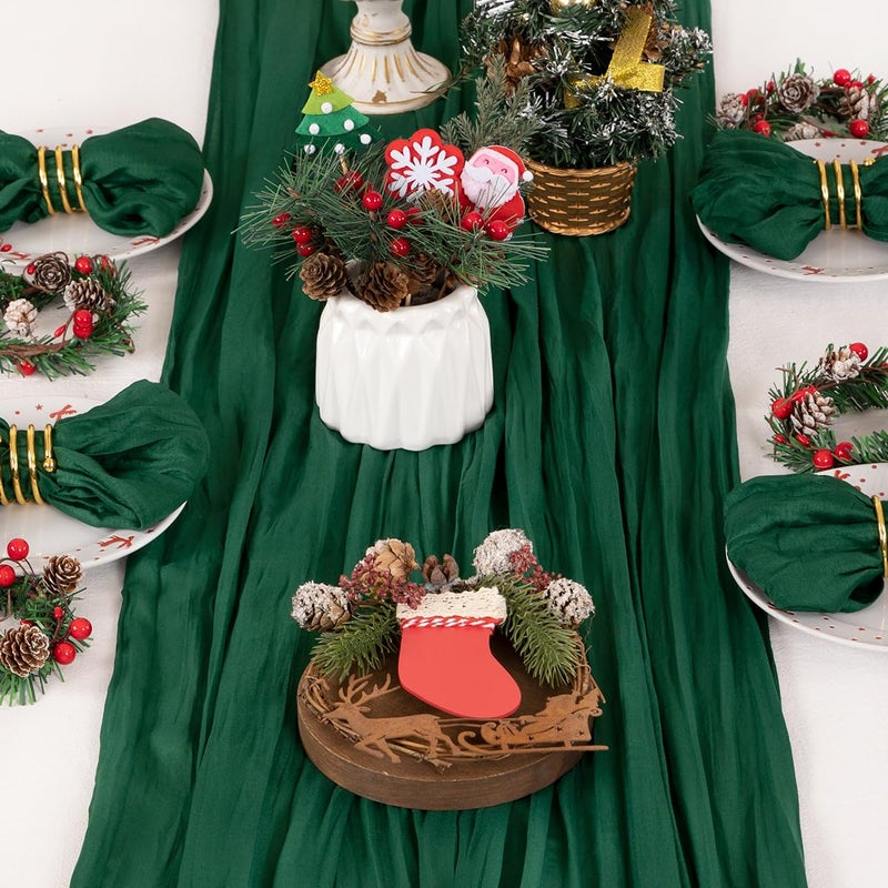 DeZerlor 10 Pack Christmas Table Runner Emerald Green Cheesecloth Table Runner Boho Gauze Table Runner 120 inches Long Winter Table Decor for Wedding Baby Shower Xmas Party Decorations - Image 3