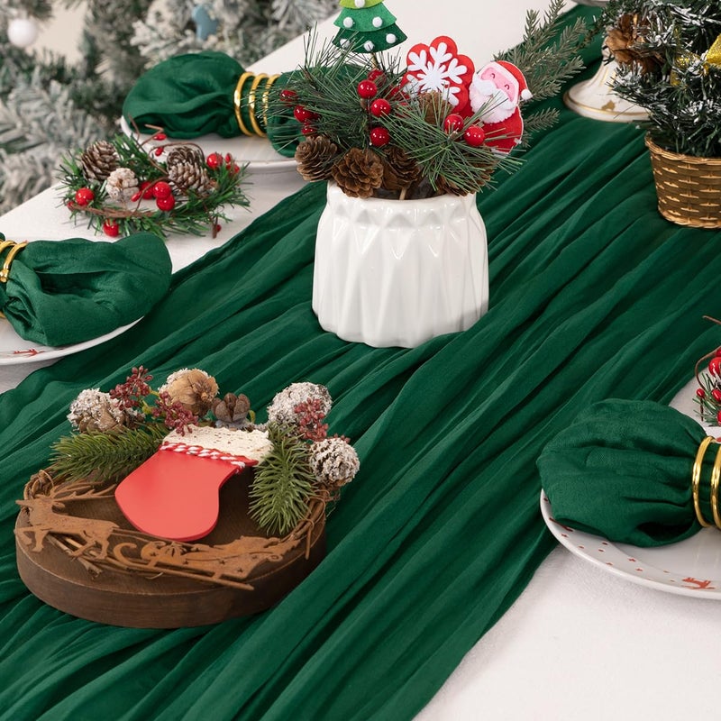 DeZerlor 10 Pack Christmas Table Runner Emerald Green Cheesecloth Table Runner Boho Gauze Table Runner 120 inches Long Winter Table Decor for Wedding Baby Shower Xmas Party Decorations - Image 5