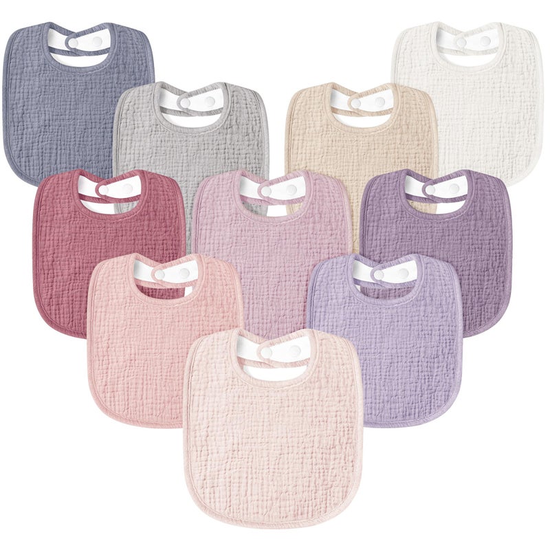 Susurration Muslin Baby Drool Bibs 10Pack Soft Square Adjustable Bandana Bibs for Unisex Baby Girls & Boys (Pink) - Image 1