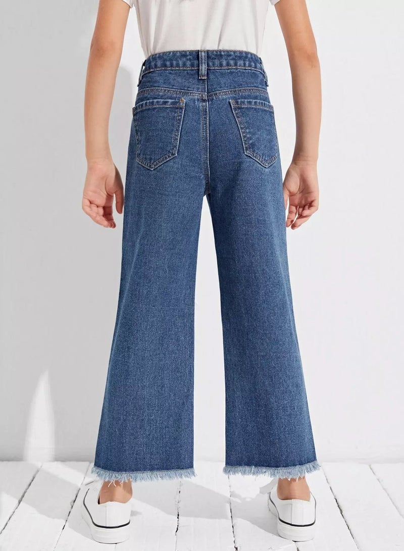 Girls Zipper Fly Raw Hem Jeans  - Image 2