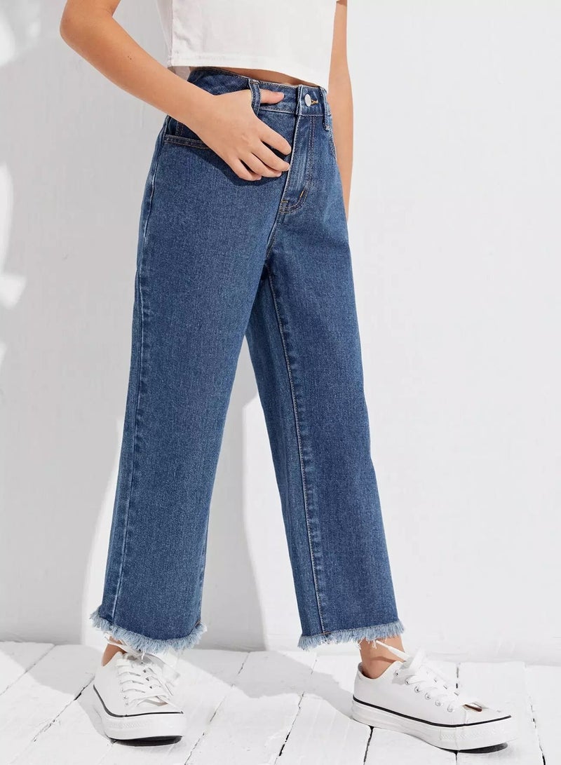 Girls Zipper Fly Raw Hem Jeans  - Image 4