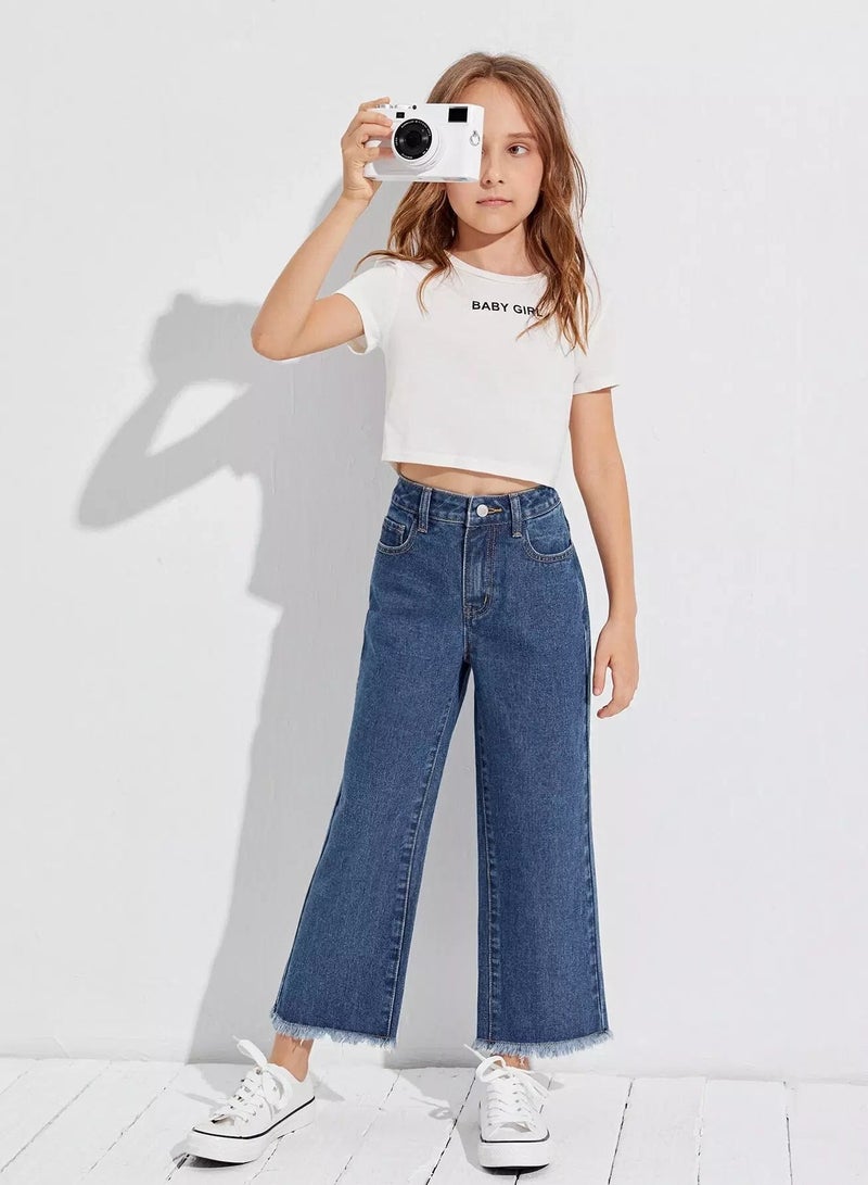 Girls Zipper Fly Raw Hem Jeans  - Image 5