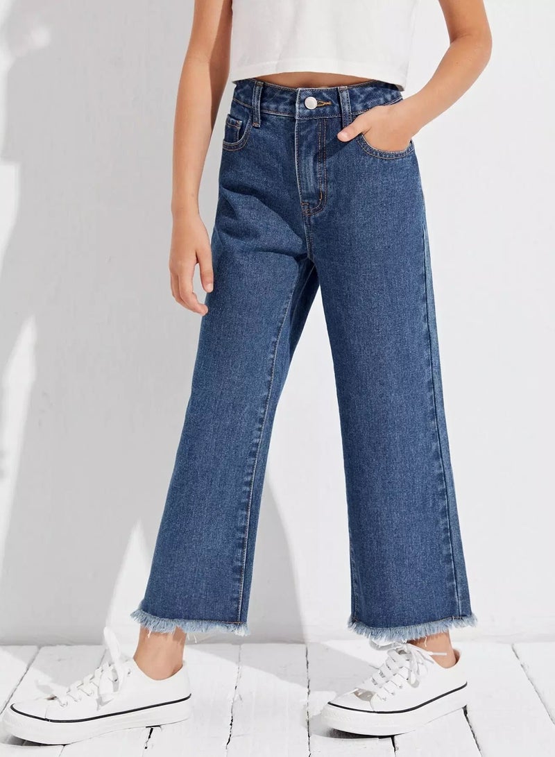 Girls Zipper Fly Raw Hem Jeans  - Image 1