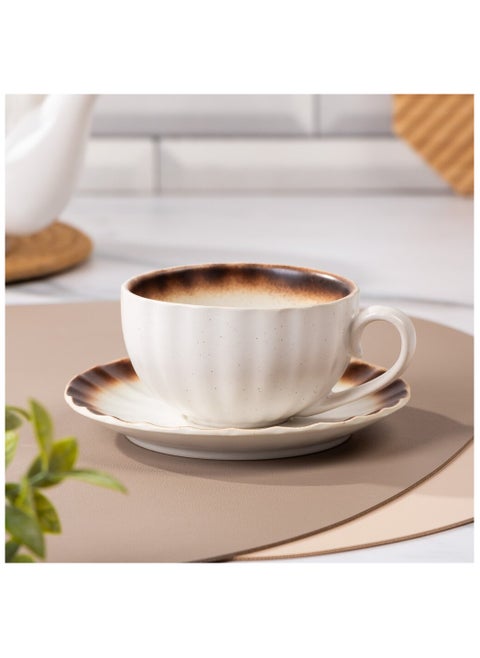 Stylish ceramic mug with modern design - beige with dark brown overlap, perfect for use