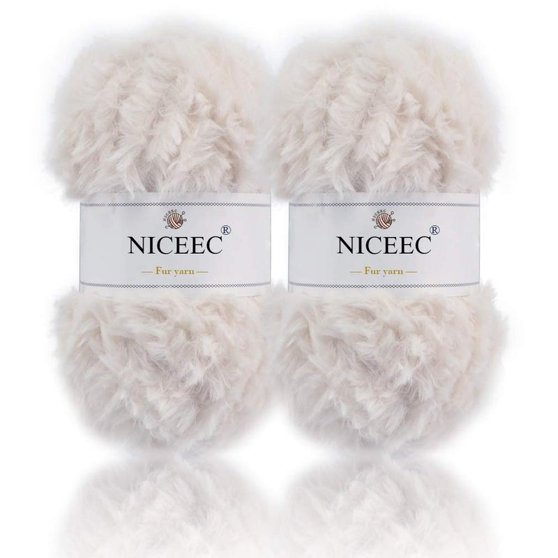 NICEEC 2 Skeins Faux Fur Yarn Super Soft Chunky  Fluffy Eyelash Yarn for Crochet  Knitting Total Length 70yds353oz  White