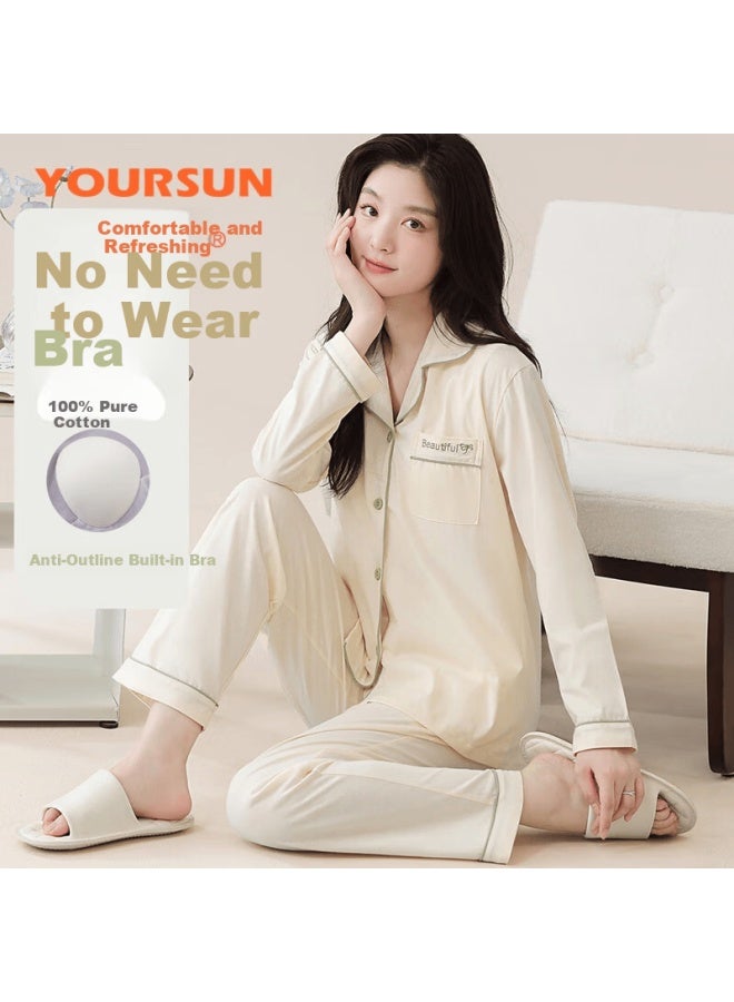 Yiershuang Women's 100% Cotton Padded Bra Spring Autumn Loose Casual Cardigan Sleepwear Set