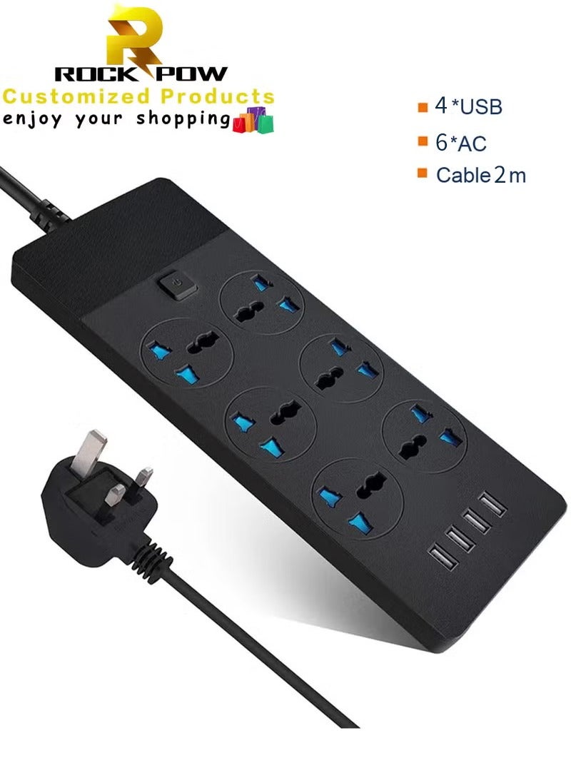 Power Strips Extension Cord 6 Sockets Universal Plug Adapter with 4 USB Ports Surge Protector Charging Socket with 2M Bold Extension Cord