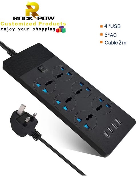Power Strips Extension Cord 6 Sockets Universal Plug Adapter with 4 USB Ports Surge Protector Charging Socket with 2M Bold Extension Cord