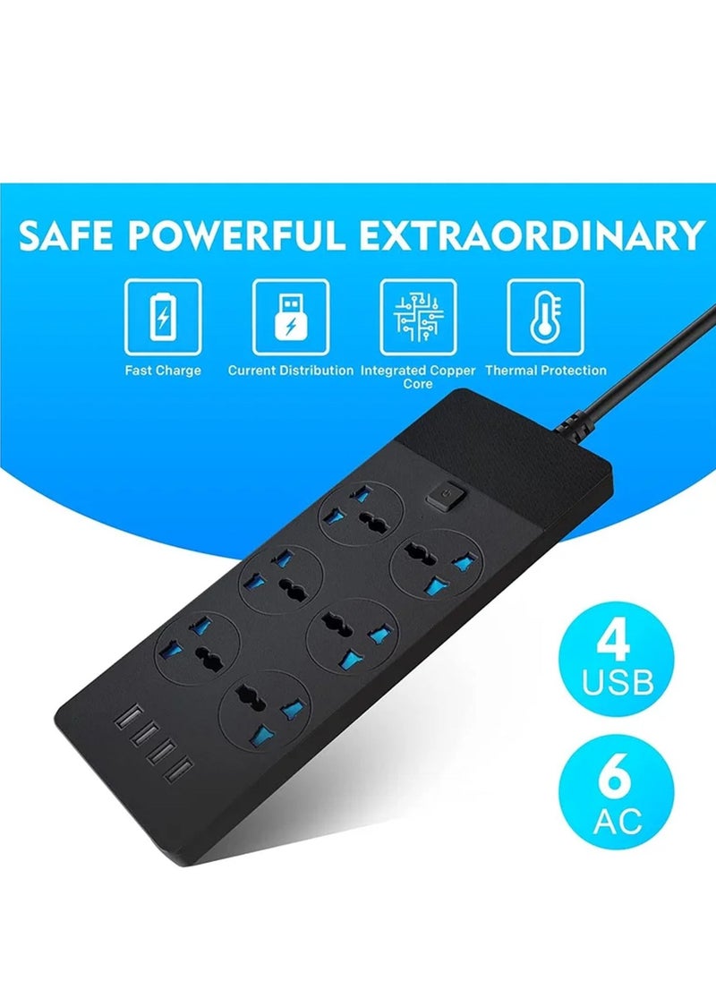 Rock Pow - Power Strips Extension Cord 6 Sockets Universal Plug Adapter with 4 USB Ports Surge Protector Charging Socket with 2M Bold Extension Cord - Image 1