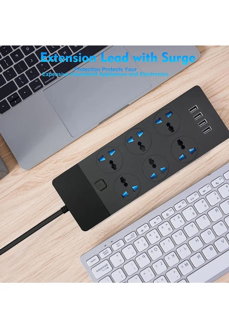 Rock Pow - Power Strips Extension Cord 6 Sockets Universal Plug Adapter with 4 USB Ports Surge Protector Charging Socket with 2M Bold Extension Cord - Image 1