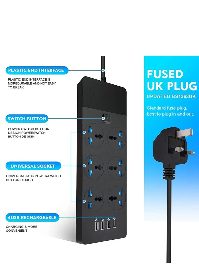 Rock Pow - Power Strips Extension Cord 6 Sockets Universal Plug Adapter with 4 USB Ports Surge Protector Charging Socket with 2M Bold Extension Cord - Image 1