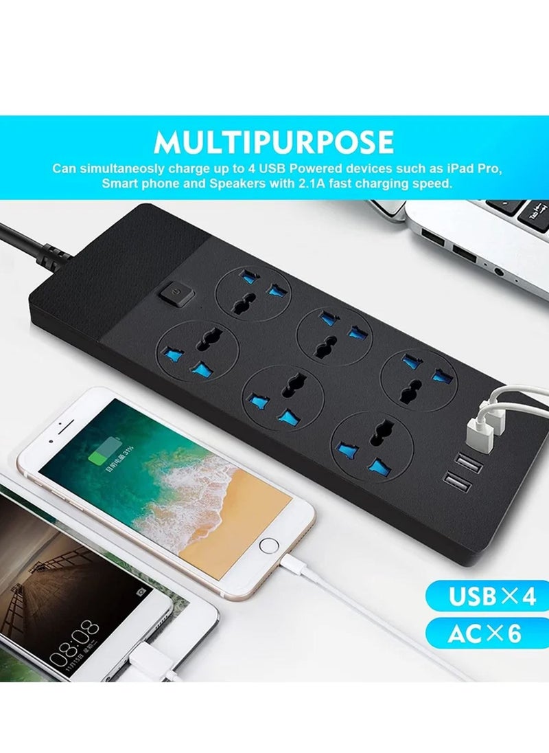 Rock Pow - Power Strips Extension Cord 6 Sockets Universal Plug Adapter with 4 USB Ports Surge Protector Charging Socket with 2M Bold Extension Cord - Image 1