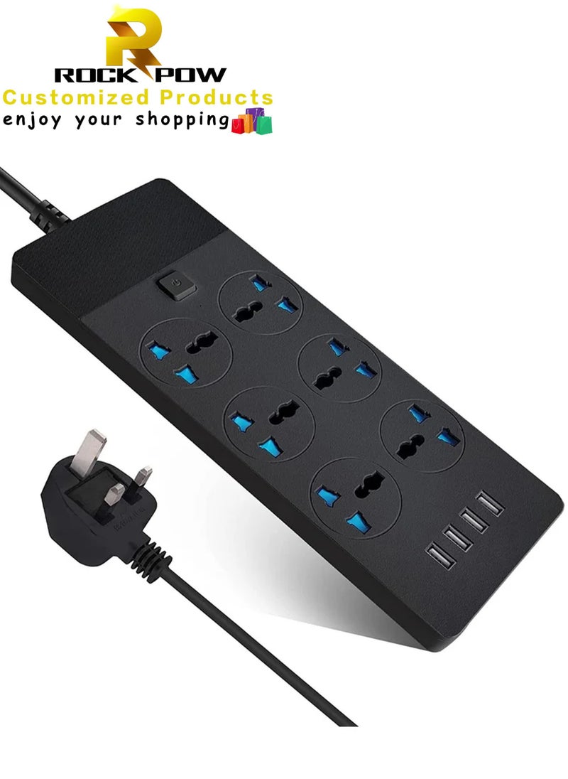 Rock Pow - Power Strips Extension Cord 6 Sockets Universal Plug Adapter with 4 USB Ports Surge Protector Charging Socket with 2M Bold Extension Cord - Image 1
