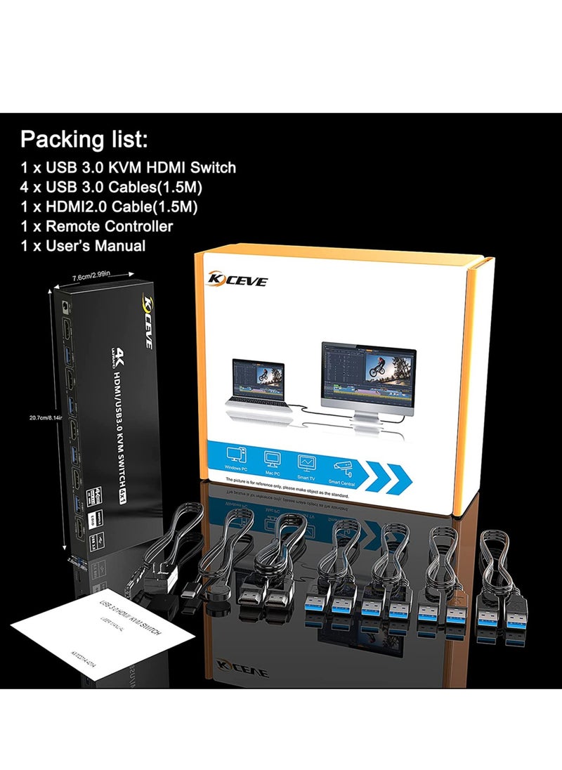 KCEVE - KVM Switch 2 Monitors 2/4 Computers Compatible USB3.0/HDMI 2.0 Allows 2 (or 4) groups of HD video source and USB interface device switch freely - Image 1