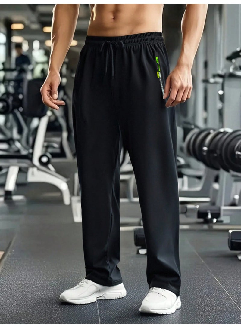Men's Casual Pants Black Athletic Gym Pants Straight Trousers with Zipper Pocket Elastic Waist Pants For Men - Image 1