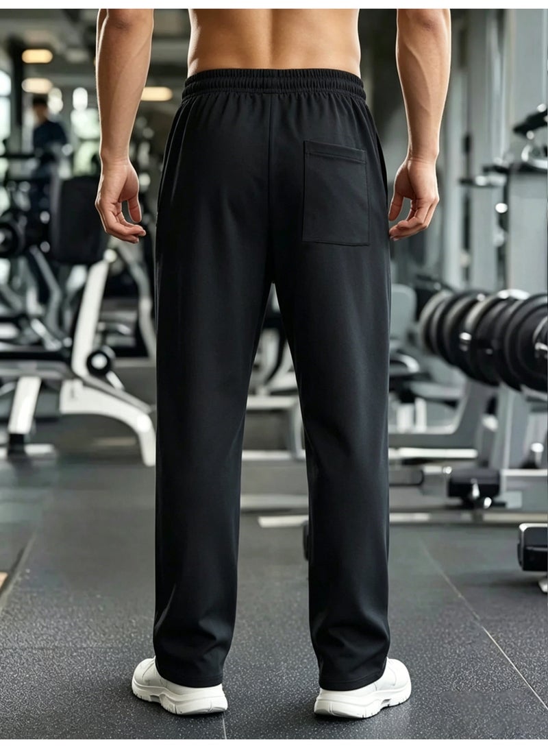 Men's Casual Pants Black Athletic Gym Pants Straight Trousers with Zipper Pocket Elastic Waist Pants For Men - Image 4