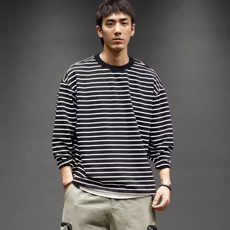 Spring New Korean style simple fresh black and white striped control men's long-sleeved T-shirt American college style round neck base - Image 1