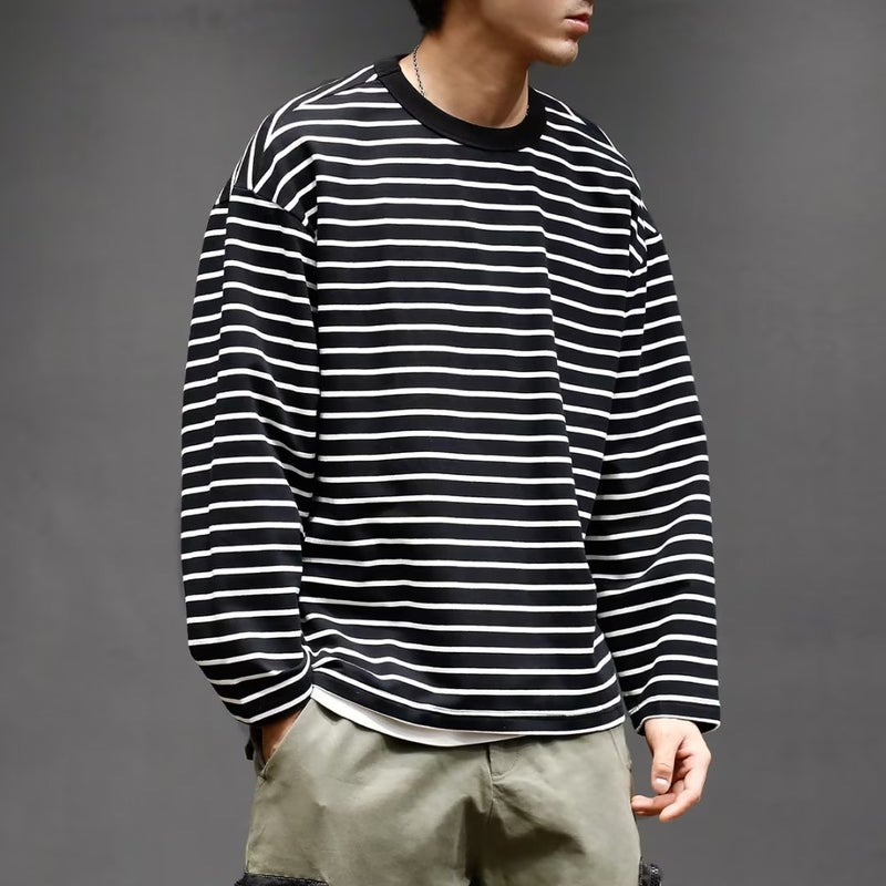 Spring New Korean style simple fresh black and white striped control men's long-sleeved T-shirt American college style round neck base - Image 2