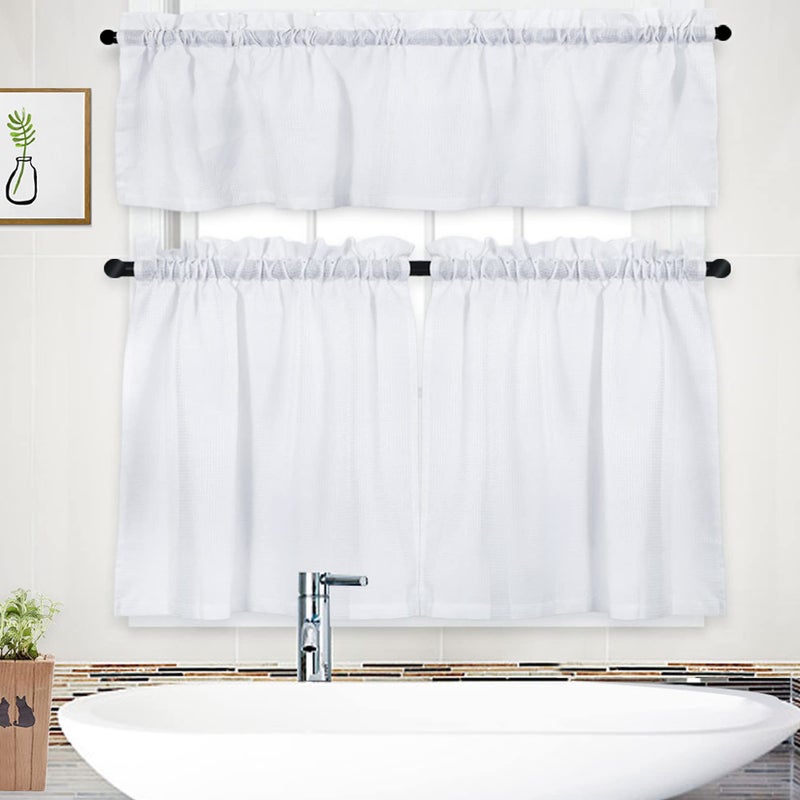 NANAN NANAN 3 Pieces Waffle Weave Textured Kitchen Tier Curtains and Valance Set for Bathroom Waterproof Tailored Short Cafe Curtains White 