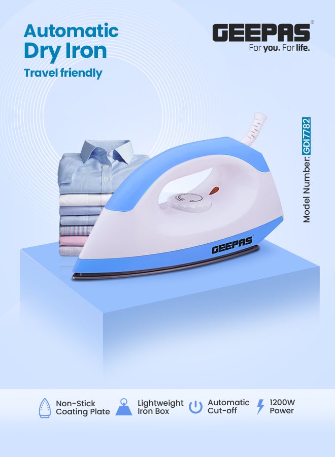 GEEPAS Dry Iron - Non-Stick Coating Plate & Adjustable Thermostat Control/Indicator Light with ABS Material/Slim Tip & Light Weight/Ergonomic Handle, Easy Storage 1200 W GDI7782 Blue/White - Image 1