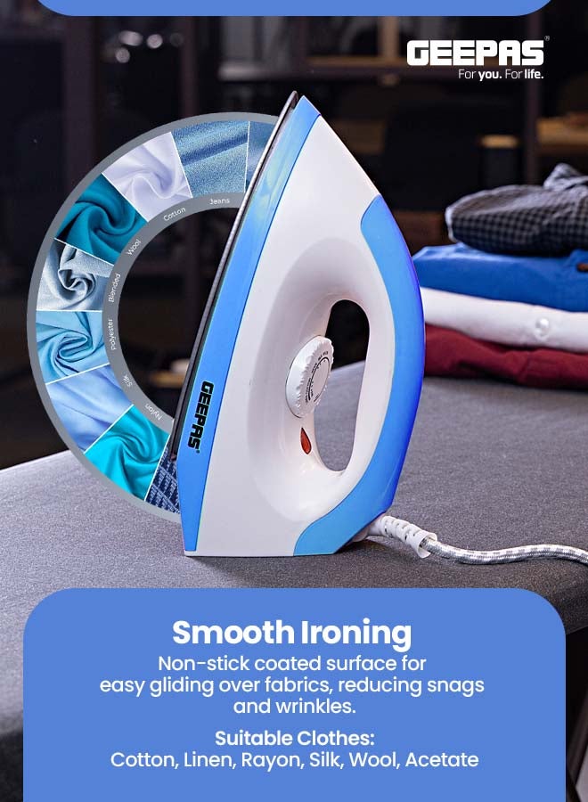 GEEPAS Dry Iron - Non-Stick Coating Plate & Adjustable Thermostat Control/Indicator Light with ABS Material/Slim Tip & Light Weight/Ergonomic Handle, Easy Storage 1200 W GDI7782 Blue/White - Image 4