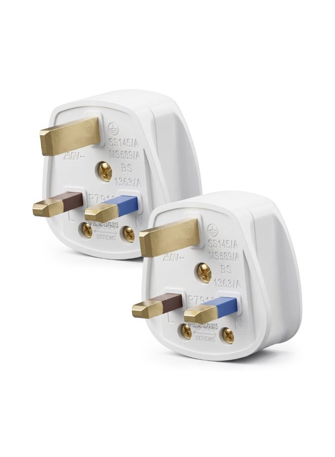 Duravel UK Fused 13 Amp White Mains 3 Pin Household Plugs Fitted with Colour coded sleeved pins (Pack-Of 2) - Image 1