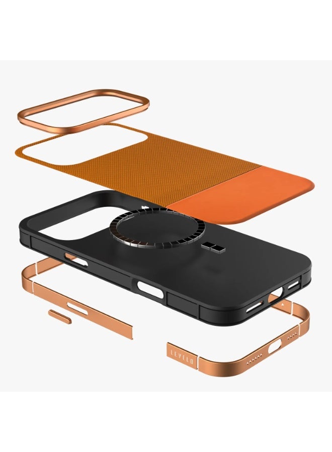 LEVELO iPhone 17 Pro Max MagSafe Case Cuir With Comfortable Grip & Premium PU Leather / Shock-Resistant Bumper / Aluminum Alloy Frame for Camera & Buttons / Strong Magnets - Sunrise Orange - Image 2