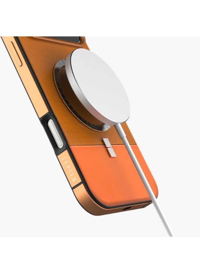 LEVELO iPhone 17 Pro Max MagSafe Case Cuir With Comfortable Grip & Premium PU Leather / Shock-Resistant Bumper / Aluminum Alloy Frame for Camera & Buttons / Strong Magnets - Sunrise Orange - Image 5