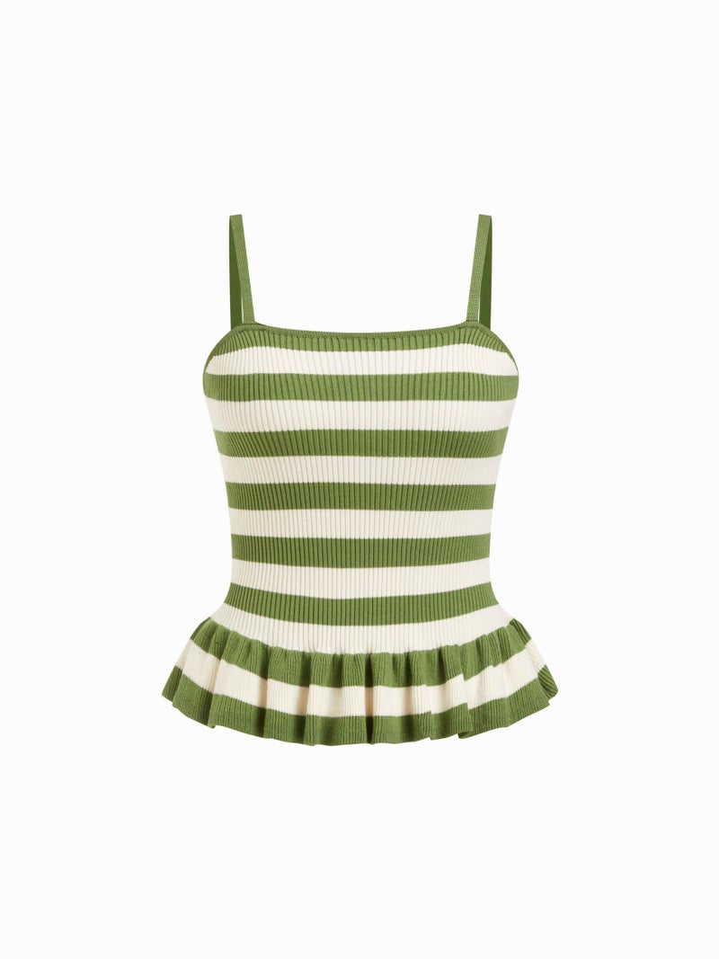 CIDER Striped Crop Tank Tops for Women Sleeveless Square Neck Ruffle Knit Peplum Tops Summer Vacation Outfits Green - Image 1