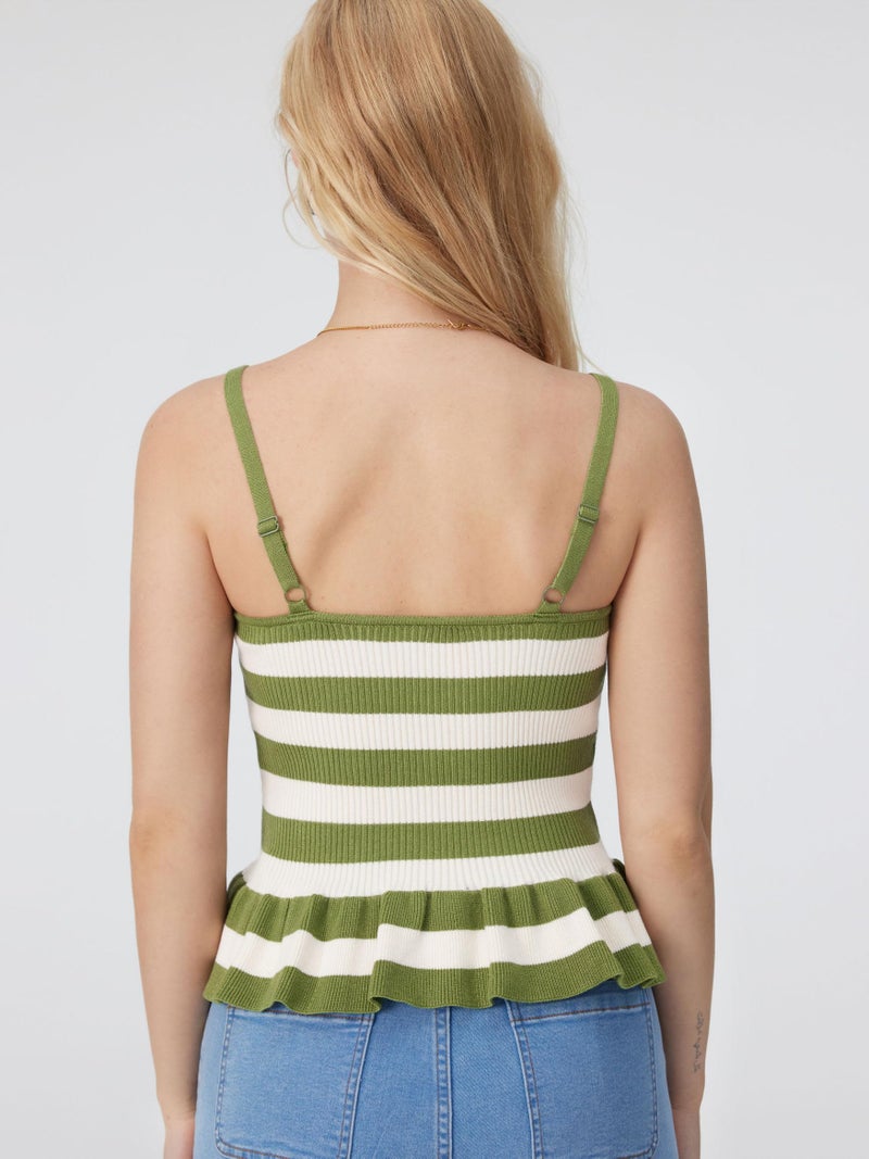 CIDER Striped Crop Tank Tops for Women Sleeveless Square Neck Ruffle Knit Peplum Tops Summer Vacation Outfits Green - Image 4