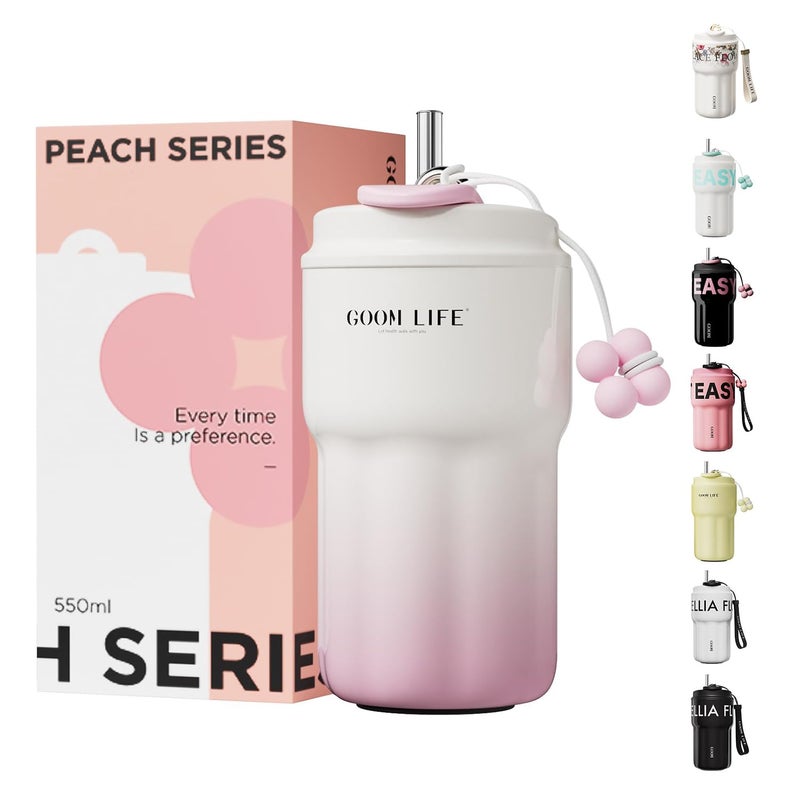 GOOM 18oz Travel Coffee Mug Tumbler with Lid and Straw 1810 Stainless Steel 6Layer Insulation Spill Proof Leak Proof Tumbler with Straw Mouth Rotary Lock Coffee Mugs for Women White Pink