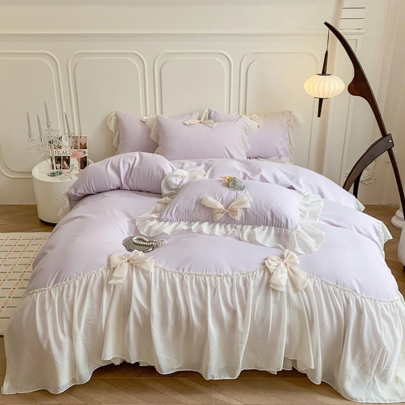 SOUKECHY Ruffled Bedding Bow Duvet Cover Set with Butterfly Tie Soft Brushed Microfiber Shabby Chic Bedding Set with Zipper ClosurePurepleFull Size