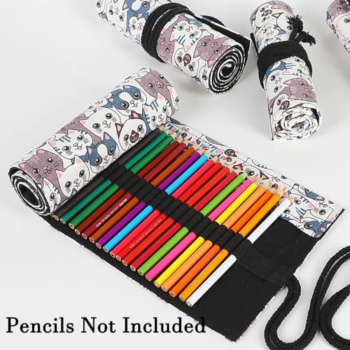 DIYOMR 24/36/72 Slots Pencil Wrap Pencil Rolls, Artist Colored Pencils Roll Up Bag Short Brushes Pouch Case Pencils Organizer for Drawing Coloring and Sketching (Big Headed Cat, 72slots) - Image 2