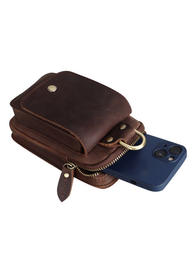 Genuine Leather Men's Waist Bag Top Layer Cowhide Crazy Horse Leather Belt Mobile Phone Bag Retro Hook Small Waist Bag-Color:Yellow Brown