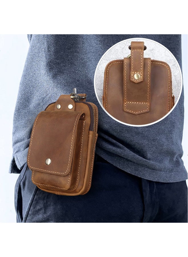 Genuine Leather Men's Waist Bag Top Layer Cowhide Crazy Horse Leather Belt Mobile Phone Bag Retro Hook Small Waist Bag-Color:Yellow Brown