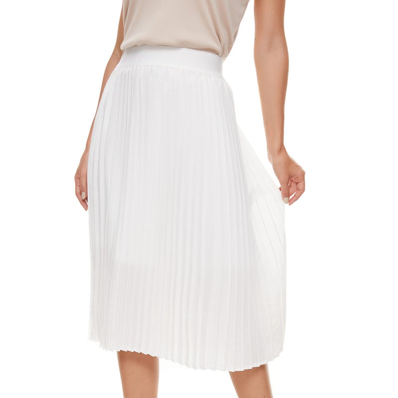 TEERFU Womens Pleated Midi Skirt,High Waist Swing Boho Pleated Skirt Casual Chiffon Elastic A-line Long Skirts (White, Medium) - Image 2